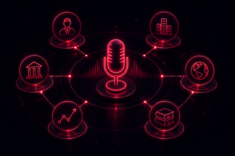 Ilustração do Podcast MoneyPlay com temas de patrimônio e mercado